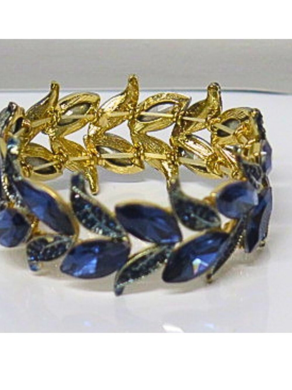 Estate Gold Tone Navy Blue Crystal Leaf Stretch Statement Bracelet - Picture 5 of 6